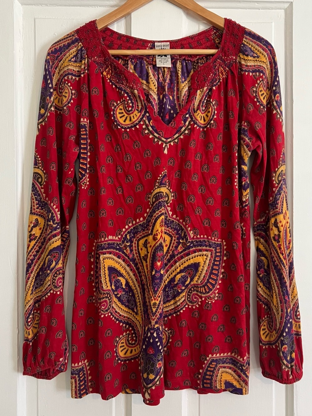 Vintage y2k Lucky Brand Womens Large Red Paisley Boho Long Sleeve V Neck Top